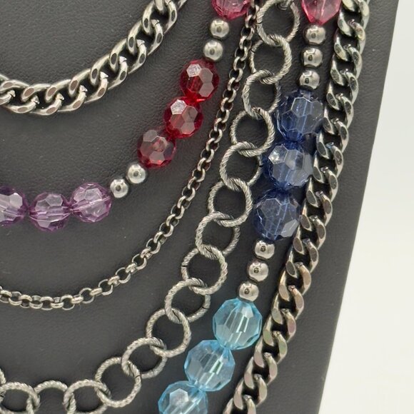 Multicolor Beaded Chain Layered Necklace Statement Aqua Purple Blue Adjustable - Picture 6 of 9
